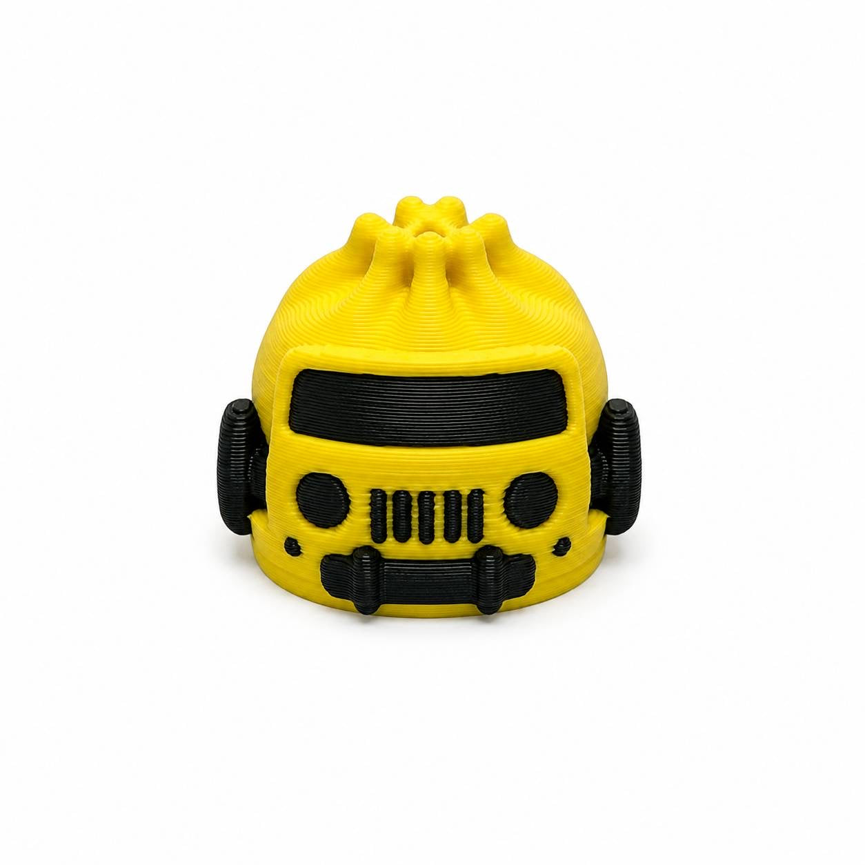 Yellow Trailblazer Dumpling Pen Palz 3D printed off-road inspired bead by Bailey's Beads with a rugged front grille design for beadable pens, keychains, badge reels, and DIY crafts.
