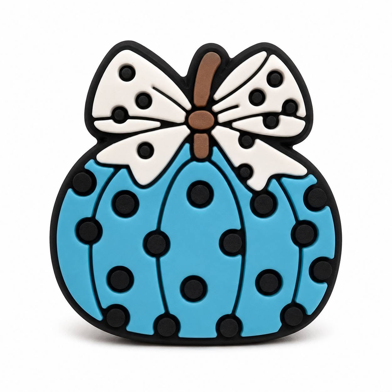 Blue polka dot pumpkin focal bead with a white bow, perfect for Halloween and fall crafts.