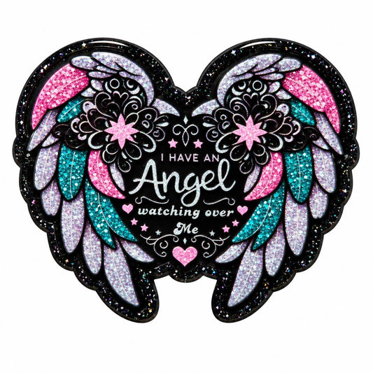Angel Watching Over Me acrylic flatback featuring pink turquoise lavender and silver glitter-style angel wings with memorial message on black background