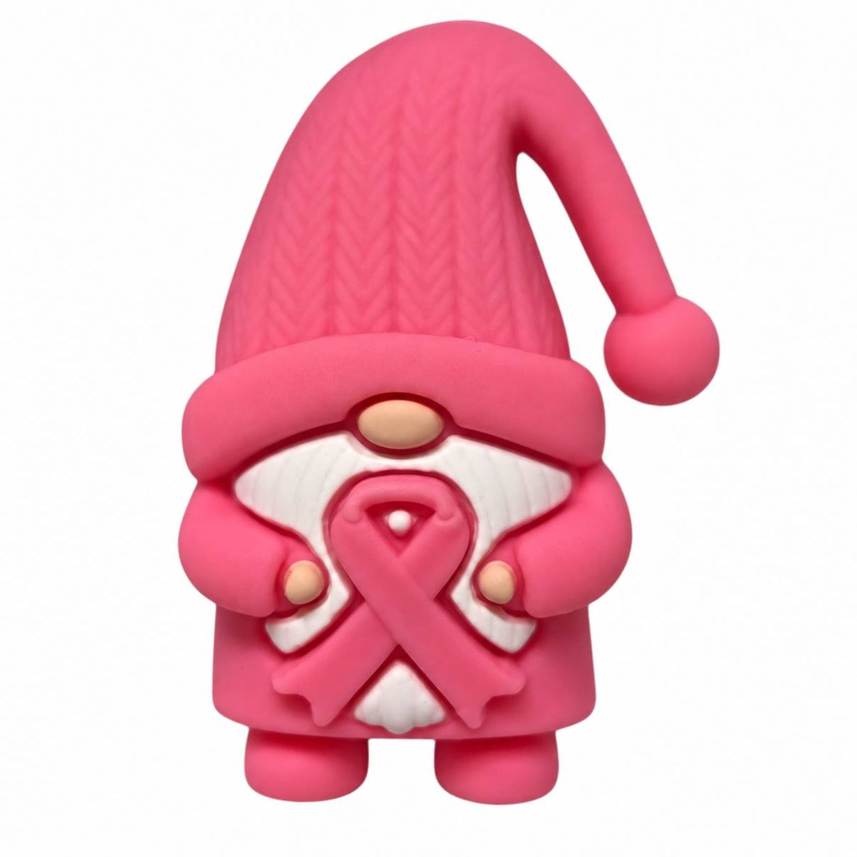 Gnome for Hope breast cancer awareness silicone focal bead featuring a pink gnome with a tall knit-style hat, white beard, pink outfit, and pink awareness ribbon.