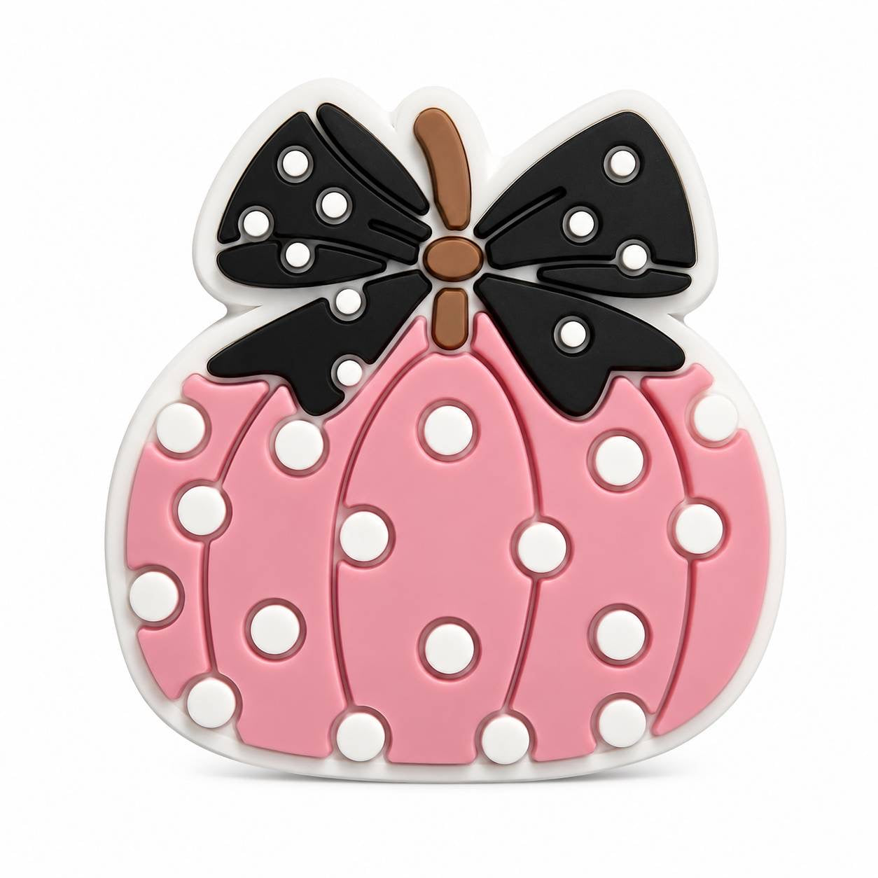Light pink polka dot pumpkin focal bead with a black bow, perfect for Halloween and fall crafts.
