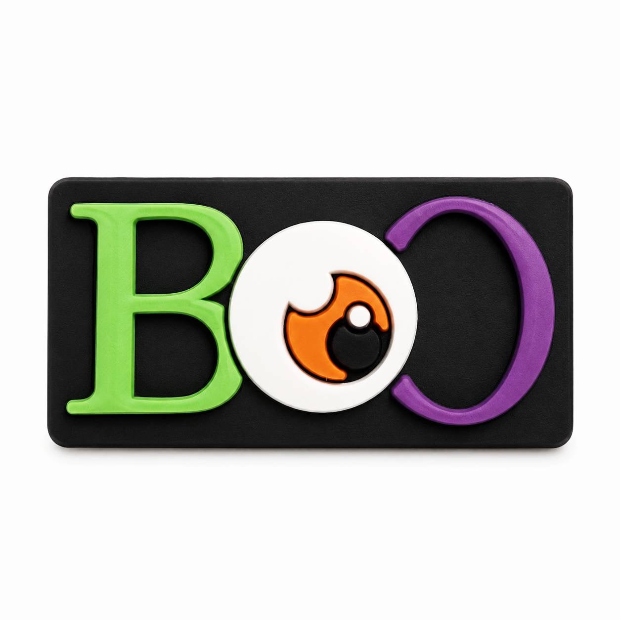 Spooky Boo silicone focal bead with green and purple lettering and a Halloween eyeball design.