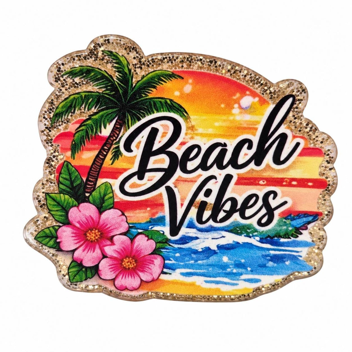 Sunset Beach Vibes acrylic flatback with tropical palm tree, pink hibiscus flowers, orange sunset, blue ocean waves, and gold glitter-style border