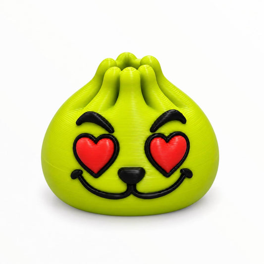 Holiday Heart Thief green 3D printed Dumpling bead with red heart eyes and black smiling face
