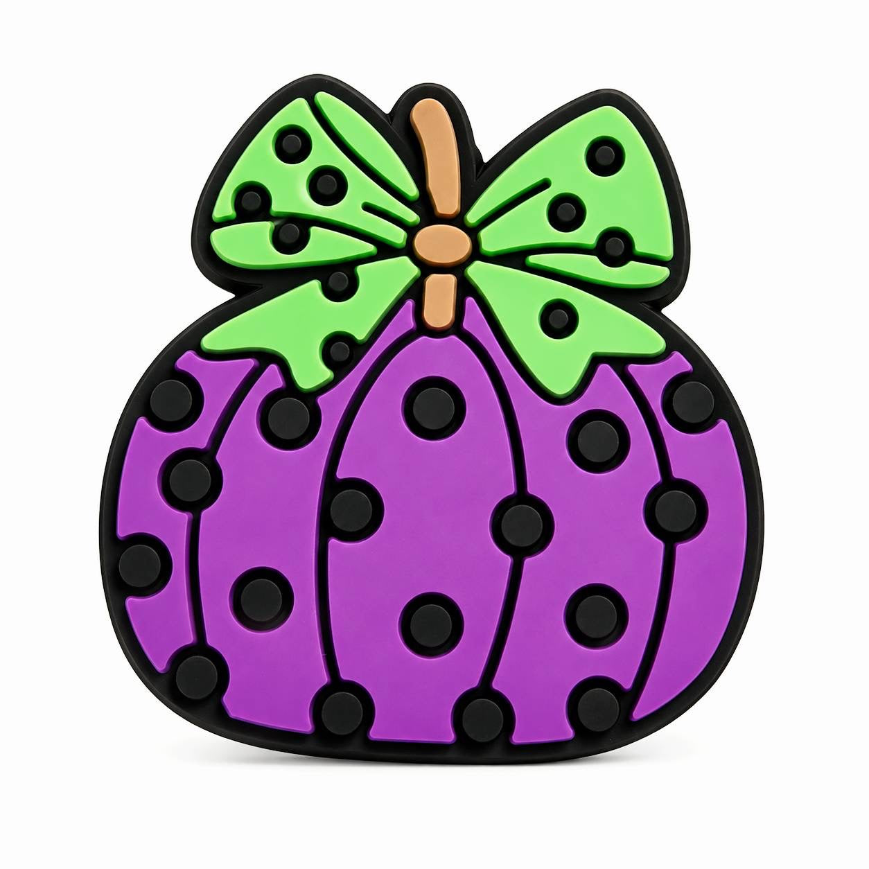 Purple polka dot pumpkin focal bead with a green bow, perfect for Halloween and fall crafts.