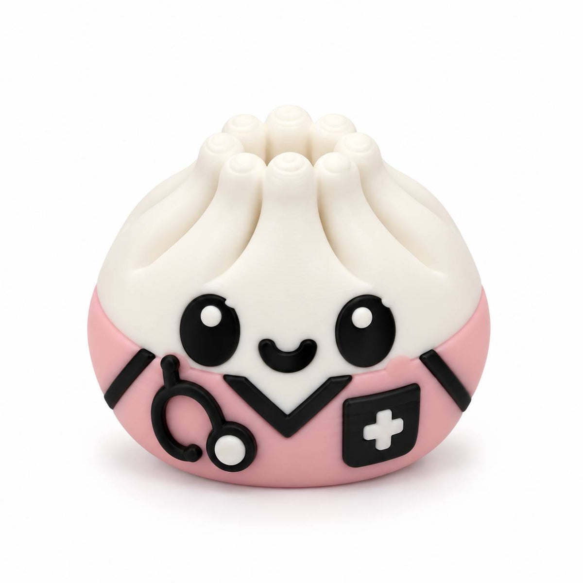 Caring Hearts medical dumpling 3D printed bead wearing pink scrubs with black stethoscope, white medical cross and cute smiling face.