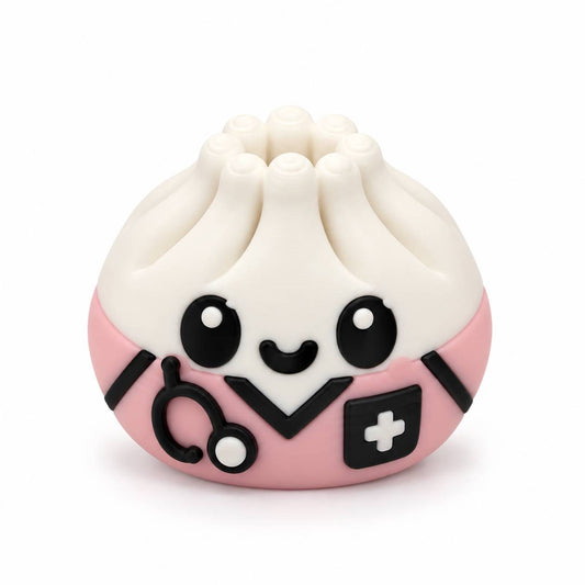 Caring Hearts medical dumpling 3D printed bead wearing pink scrubs with black stethoscope, white medical cross and cute smiling face.