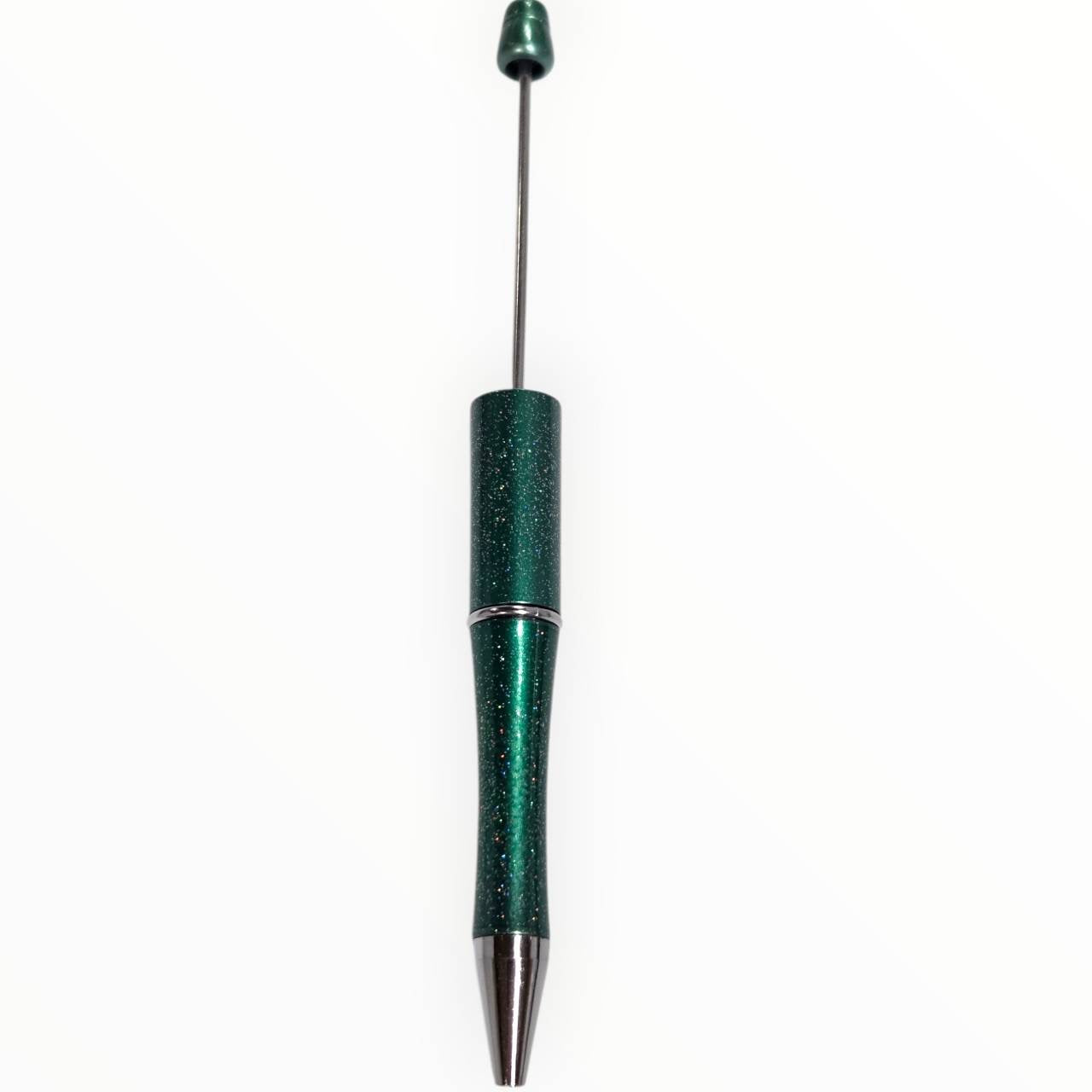 Emerald green glitter beadable pen with gunmetal hardware for DIY beaded pen projects.