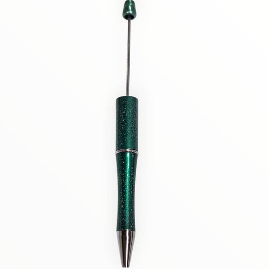 Emerald green glitter beadable pen with gunmetal hardware for DIY beaded pen projects.