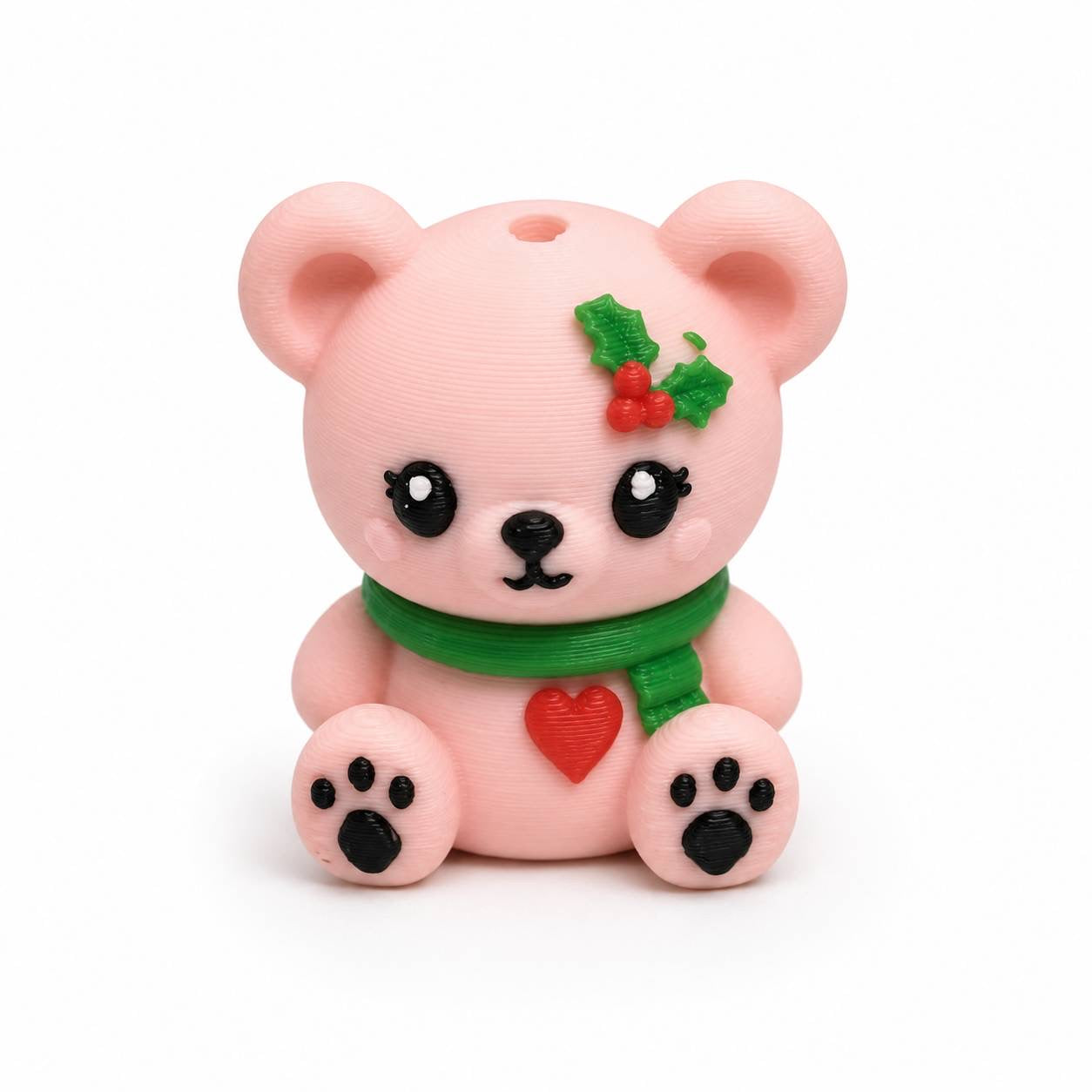 Sugar Cookie pink Christmas bear 3D printed bead with green scarf red heart and holly detail