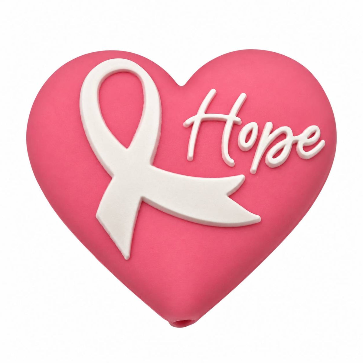Ribbon of Hope breast cancer awareness silicone focal bead featuring a pink heart with a white awareness ribbon and raised Hope lettering.