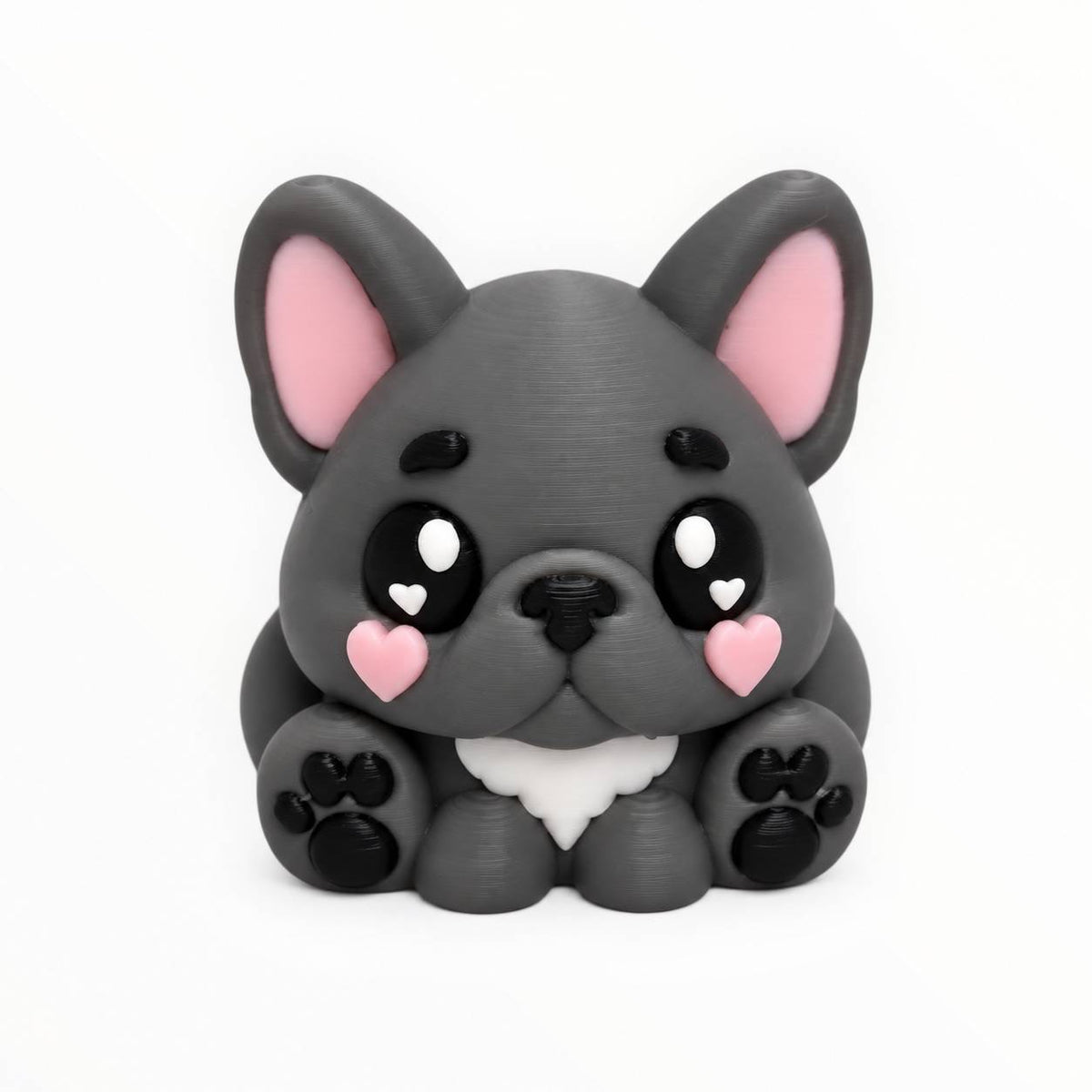 Frenchie Kisses 3D printed French bulldog bead featuring a charcoal-gray sitting puppy with large black eyes, pink heart-shaped cheeks, oversized ears, white chest, and adorable paw pads.