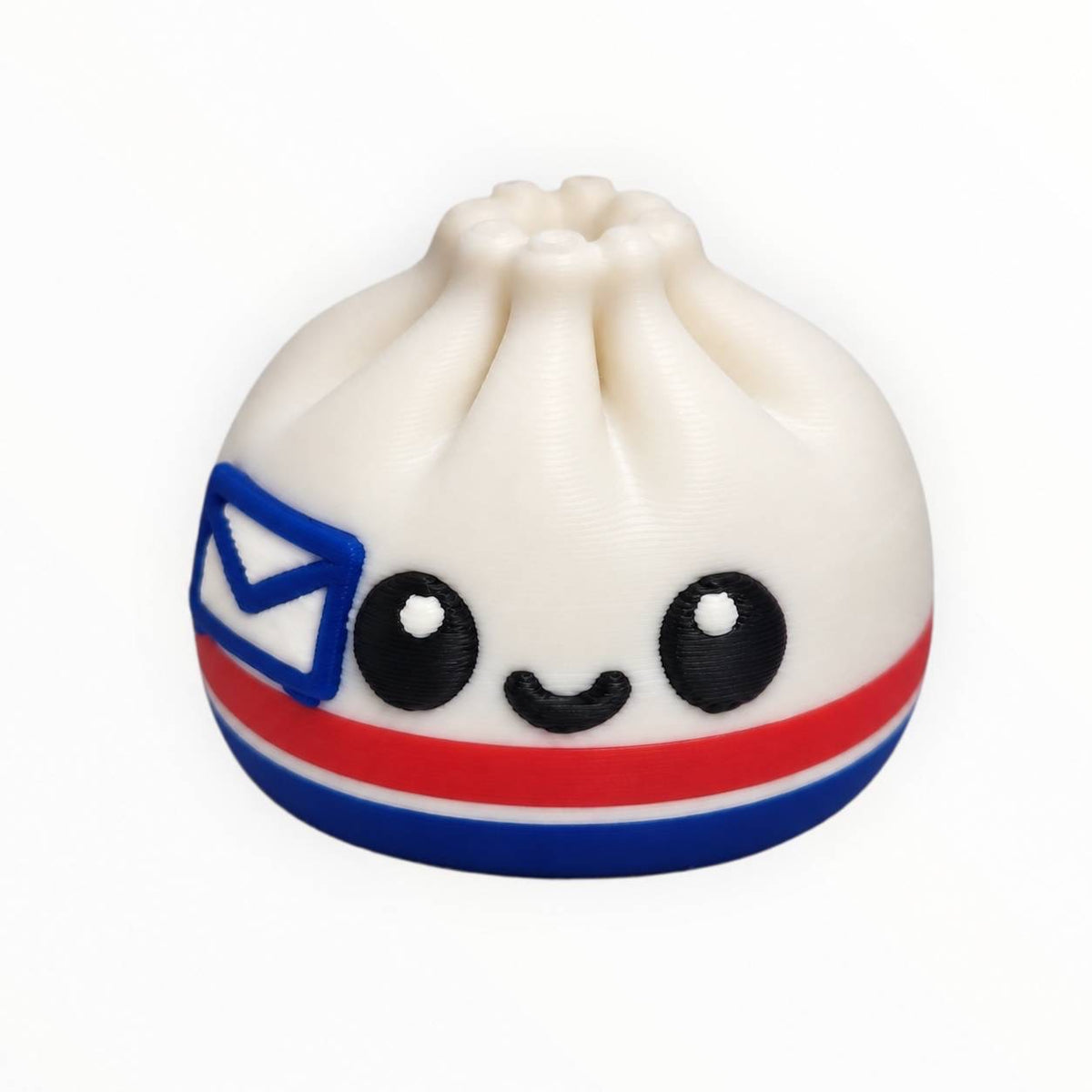 Snail Mail Cutie 3D printed dumpling bead featuring a white dumpling with a blue envelope design, red and blue stripes, and an adorable smiling face.
