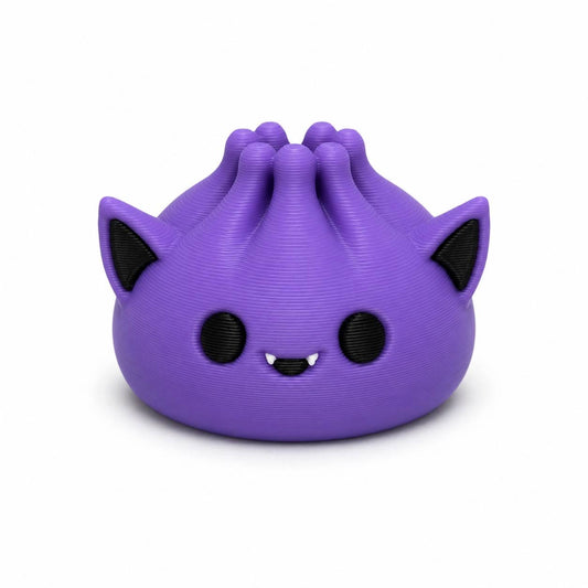 Purple Batty Dumpling Pen Palz 3D printed bead with bat ears, tiny fangs, and kawaii details by Bailey's Beads for Halloween beadable pens, keychains, badge reels, and DIY crafts.