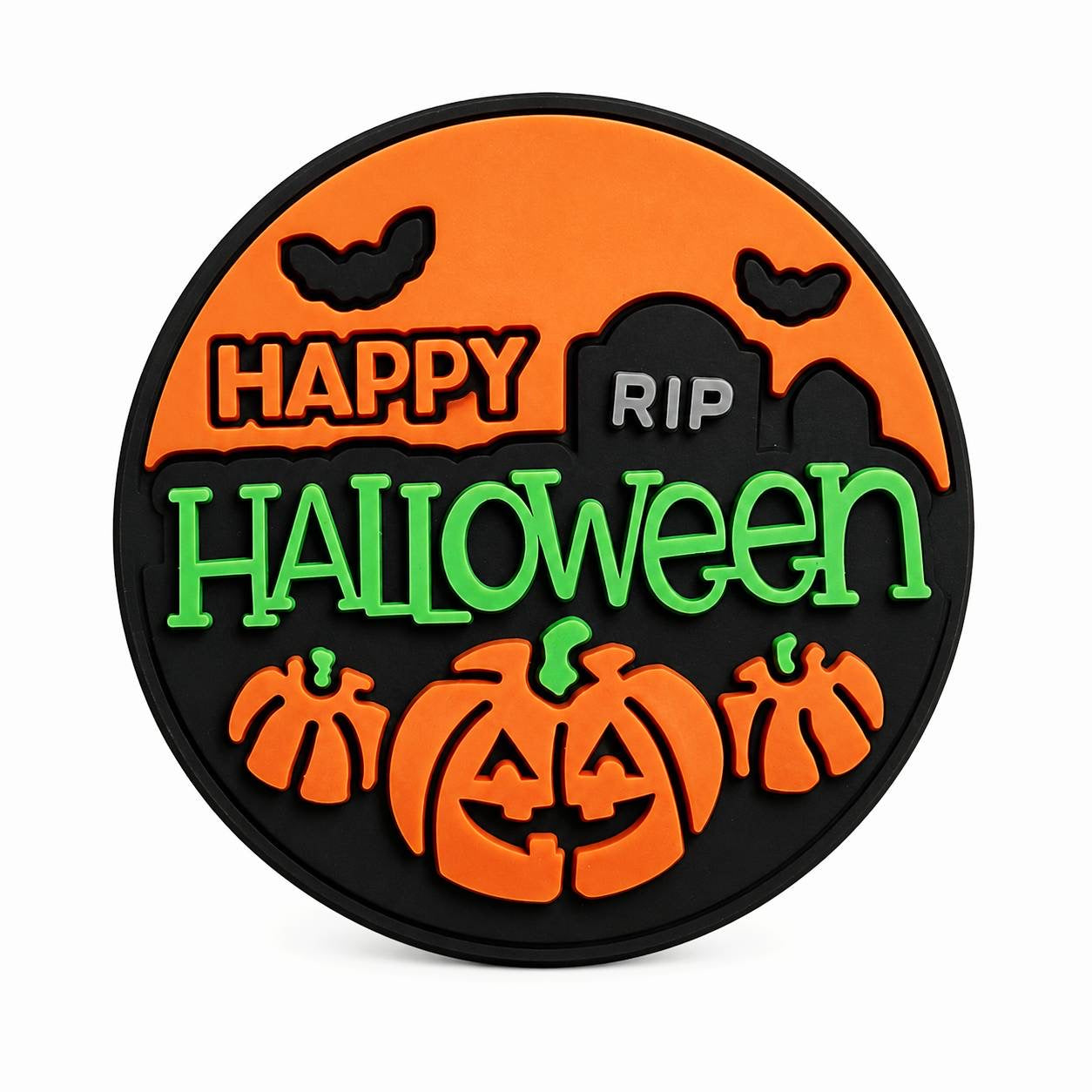 Round Happy Halloween silicone focal bead featuring pumpkins, bats, tombstones, and a spooky graveyard scene.