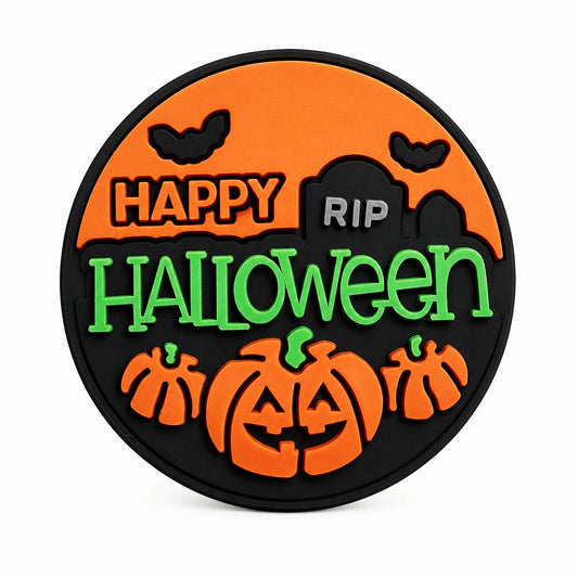 Round Happy Halloween silicone focal bead featuring pumpkins, bats, tombstones, and a spooky graveyard scene.