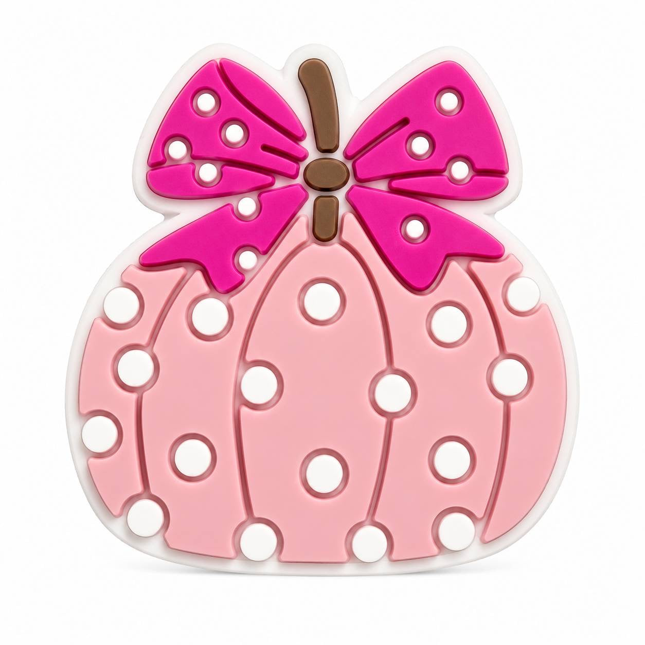 Light pink polka dot pumpkin focal bead with a bright hot pink bow, perfect for Halloween and fall crafts.