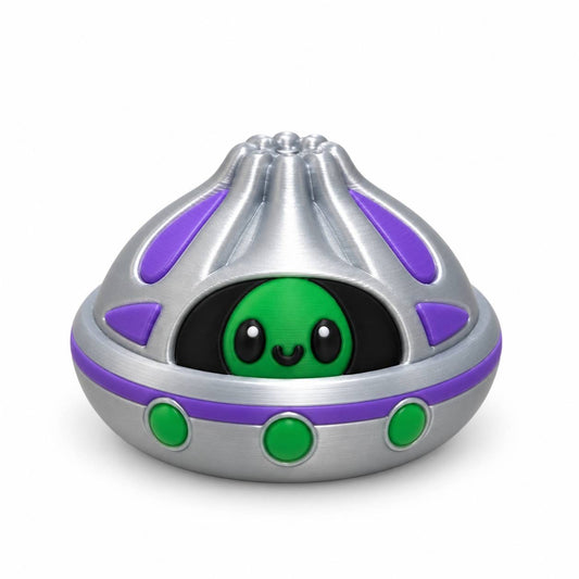 Cosmic Cutie 3D printed green alien in silver and purple spaceship bead