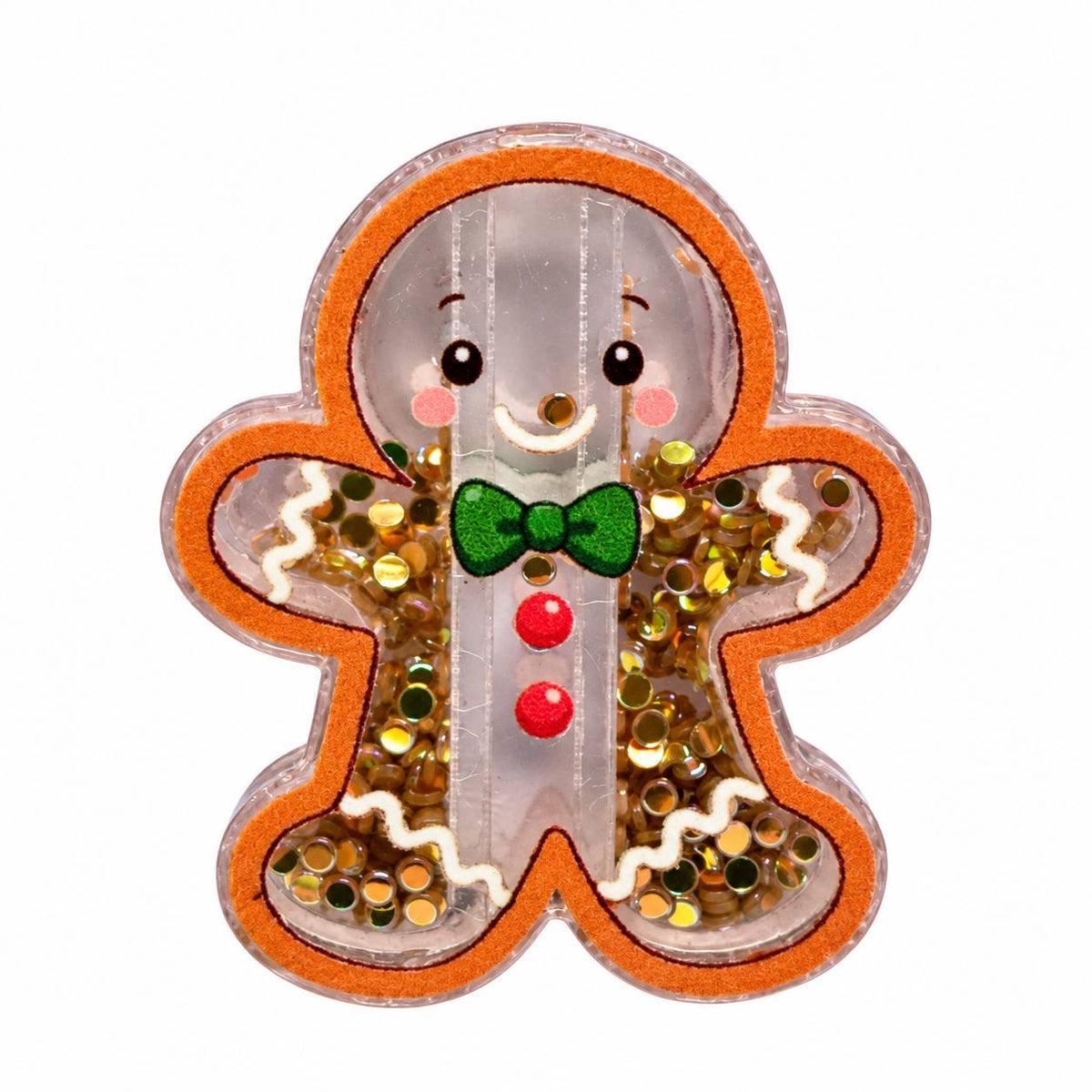 Cute gingerbread man acrylic flatback with green bow tie, red candy buttons, rosy pink cheeks, white icing details and sparkling gold confetti accents