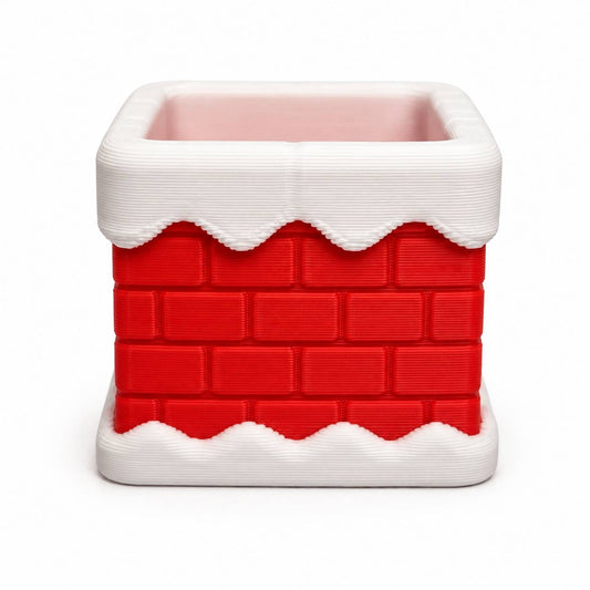 Red brick Snowy Chimney 3D printed Christmas bead with white snow details and an open top.