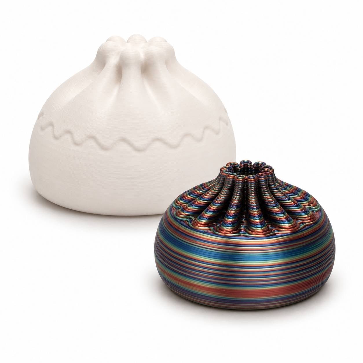 Kaleidoscope multicolor 22mm Mini Dumpling 3D printed bead shown with Original Dumpling for size comparison