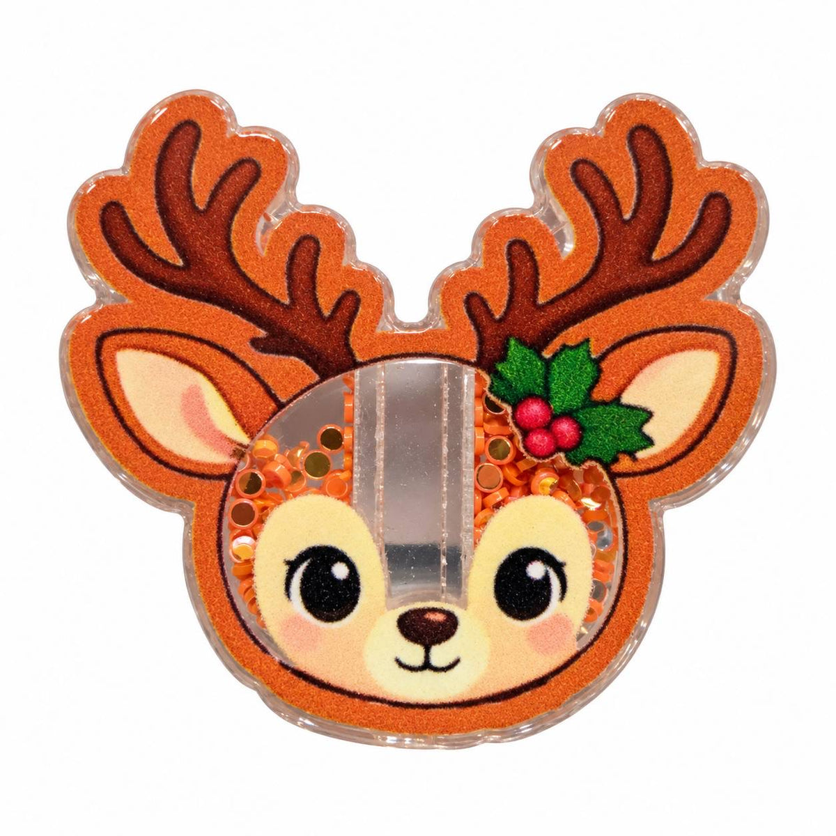 Cute Christmas reindeer acrylic flatback with large brown antlers, big black eyes, rosy pink cheeks, green holly leaves, red berries and orange confetti details