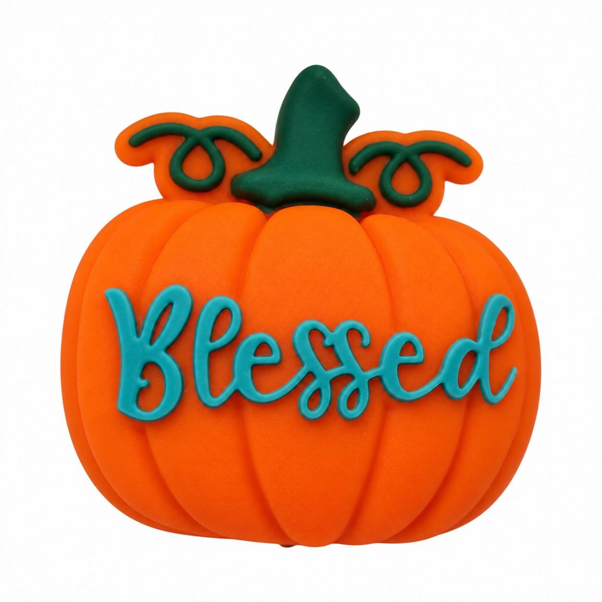 Pumpkin Blessings fall silicone focal bead featuring a bright orange pumpkin, dark green stem and curling vines, and raised turquoise Blessed lettering.