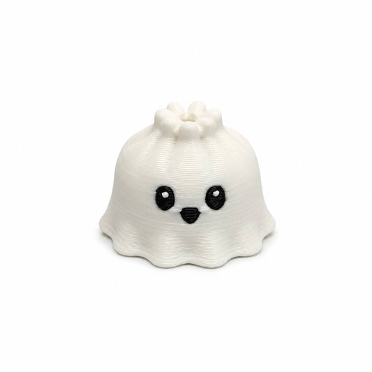 White Boosie ghost Dumpling Pen Palz 3D printed bead with a kawaii face by Bailey's Beads for Halloween beadable pens, keychains, badge reels, and DIY crafts.