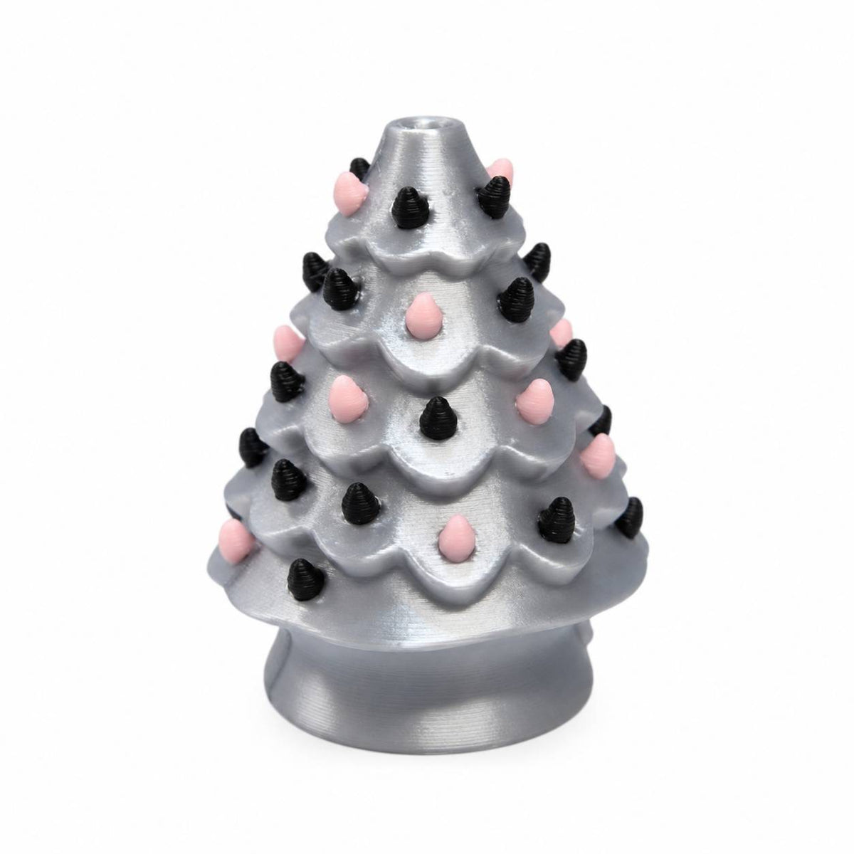 Silver Blush Christmas Tree 3D printed bead featuring a metallic silver Christmas tree with layered branches, black and light pink ornaments, and a rounded tree base.