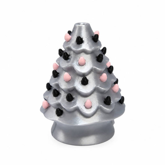 Silver Blush Christmas Tree 3D printed bead featuring a metallic silver Christmas tree with layered branches, black and light pink ornaments, and a rounded tree base.