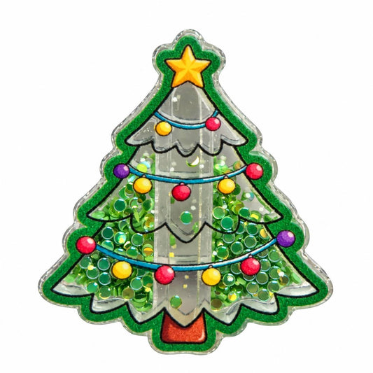 Christmas tree acrylic flatback featuring gold star topper, red yellow and purple ornaments, blue garland and sparkling green confetti details