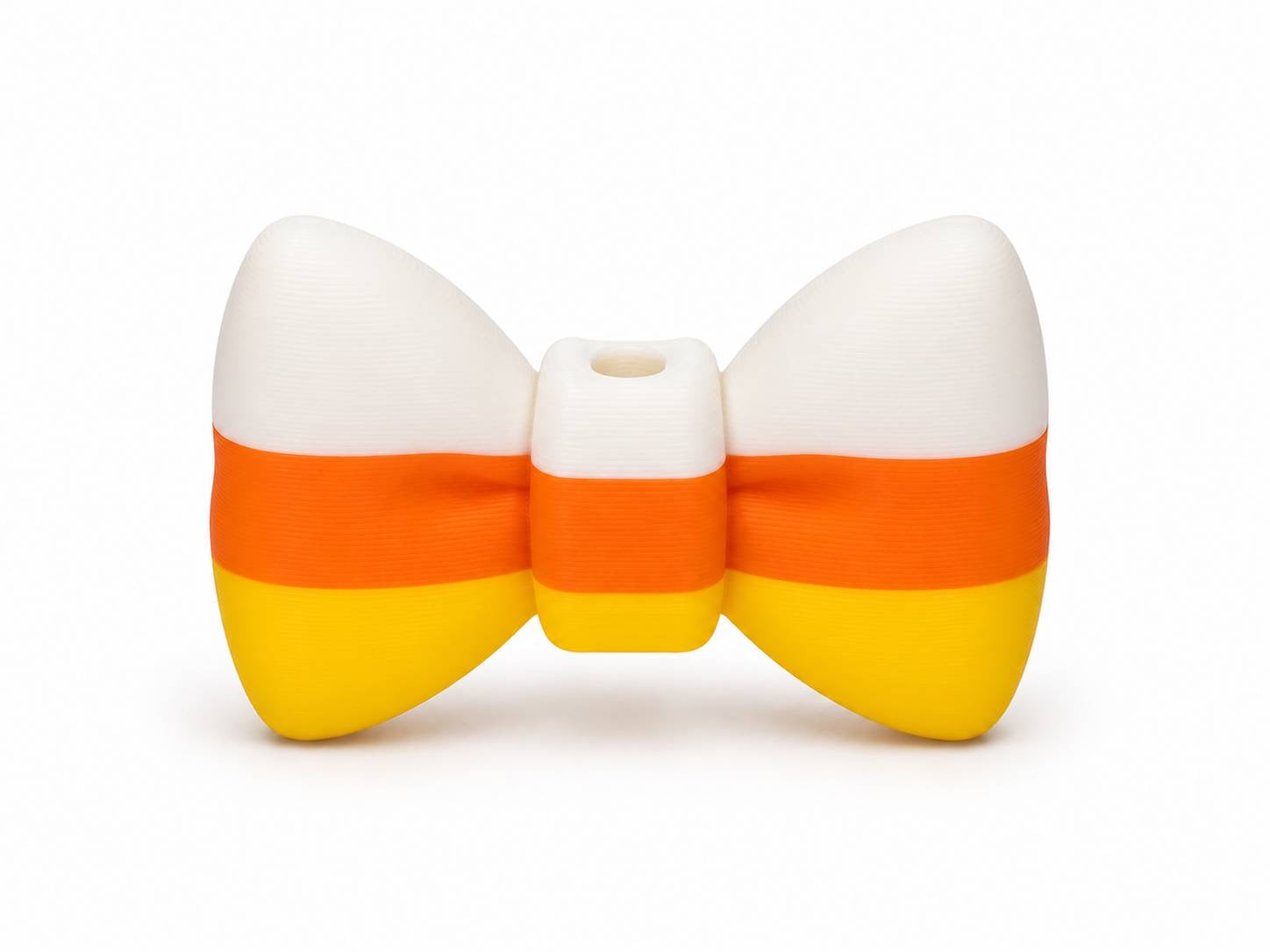 Candy Corn 3D printed bow in white, orange, and yellow by Bailey's Beads for decorating Pen Palz, badge reels, keychains, and Halloween DIY crafts.