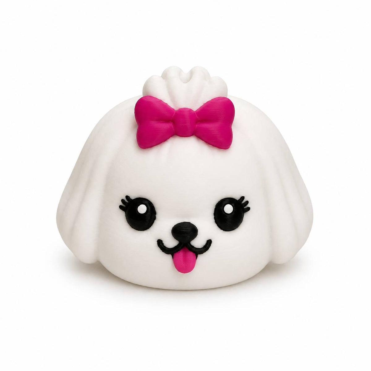 White Maltese Dumpling 3D printed dog bead with floppy ears, pink bow, and cute kawaii face by Bailey’s Beads.