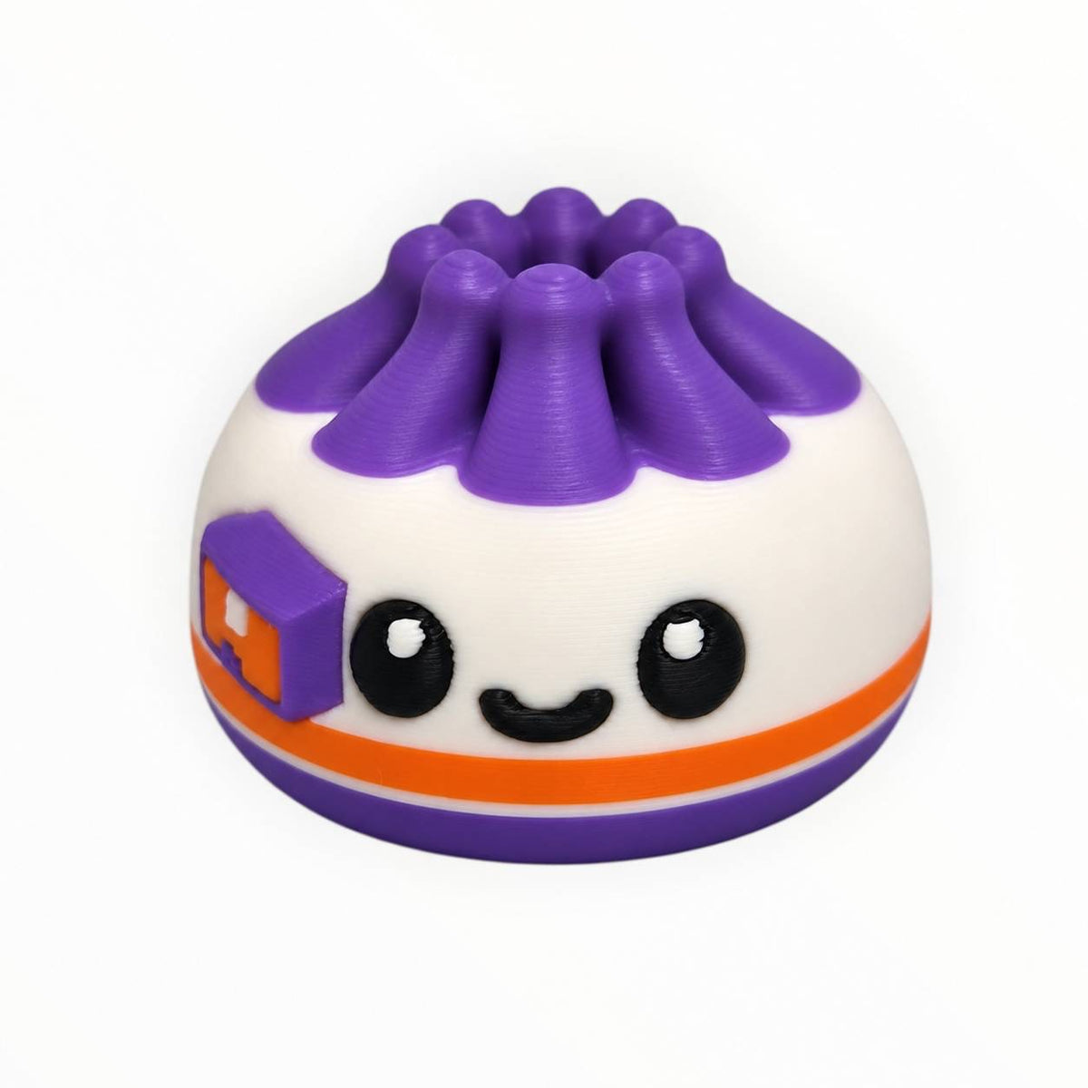 Fed Up & Delivered Dumpling 3D printed bead featuring a white dumpling with purple top, orange and purple stripes, a delivery-inspired accent, and a cute smiling face.