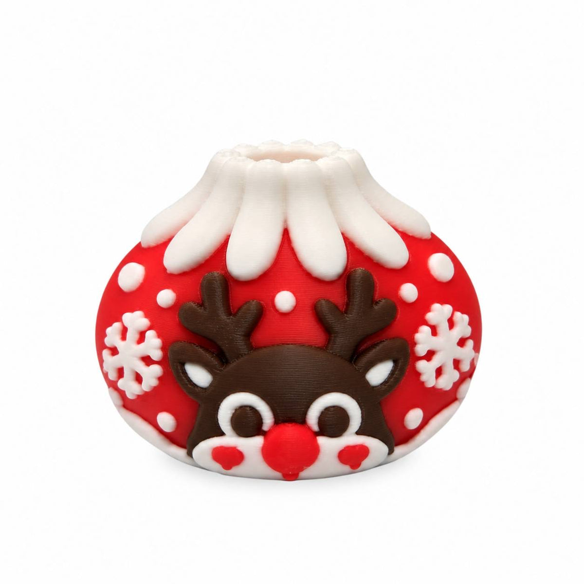 Rudolph's Christmas Cheer 3D printed bead featuring a brown reindeer with antlers, a bright red nose, heart-shaped cheeks, and a red Christmas ornament-style background with white snowflakes and snowy details.
