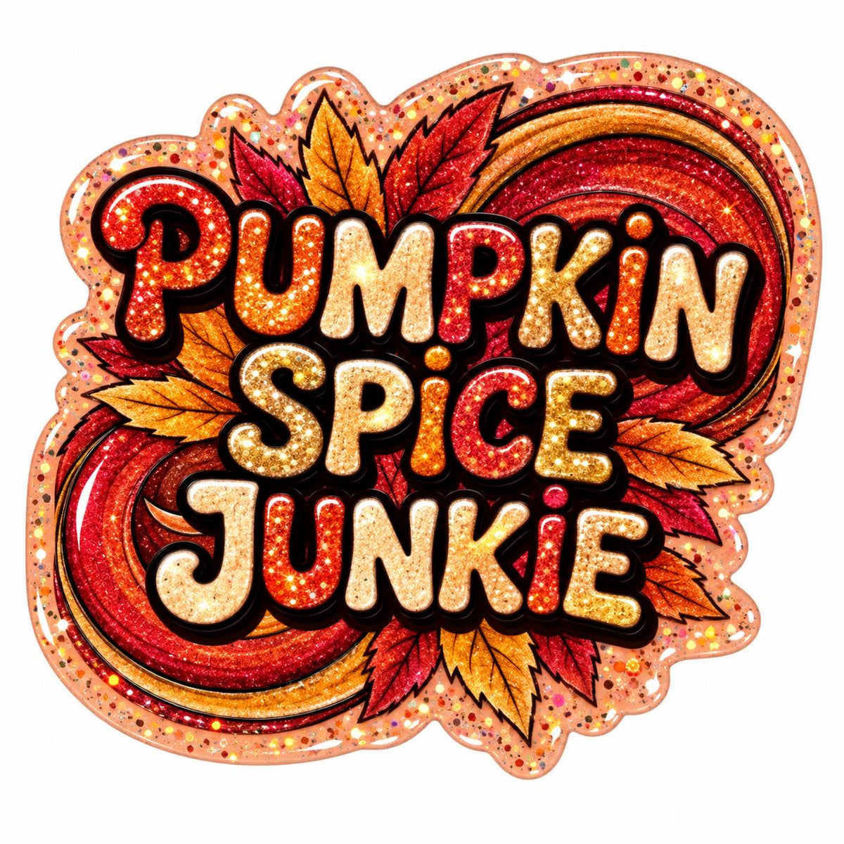 Pumpkin Spice Junkie acrylic flatback with orange, red and gold glitter-style lettering, colorful autumn maple leaves, retro fall swirls and sparkling peach border.