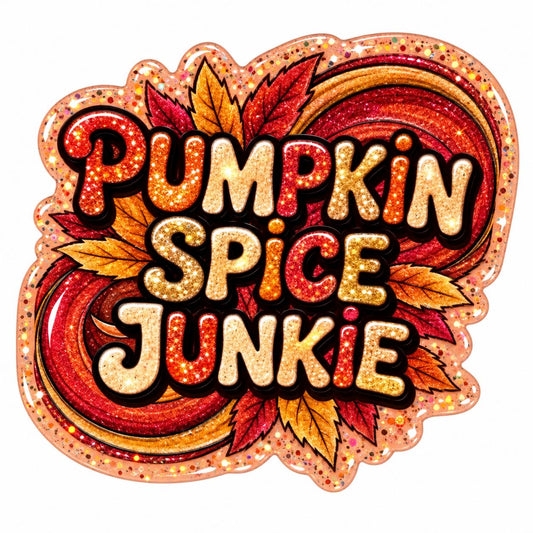 Pumpkin Spice Junkie acrylic flatback with orange, red and gold glitter-style lettering, colorful autumn maple leaves, retro fall swirls and sparkling peach border.