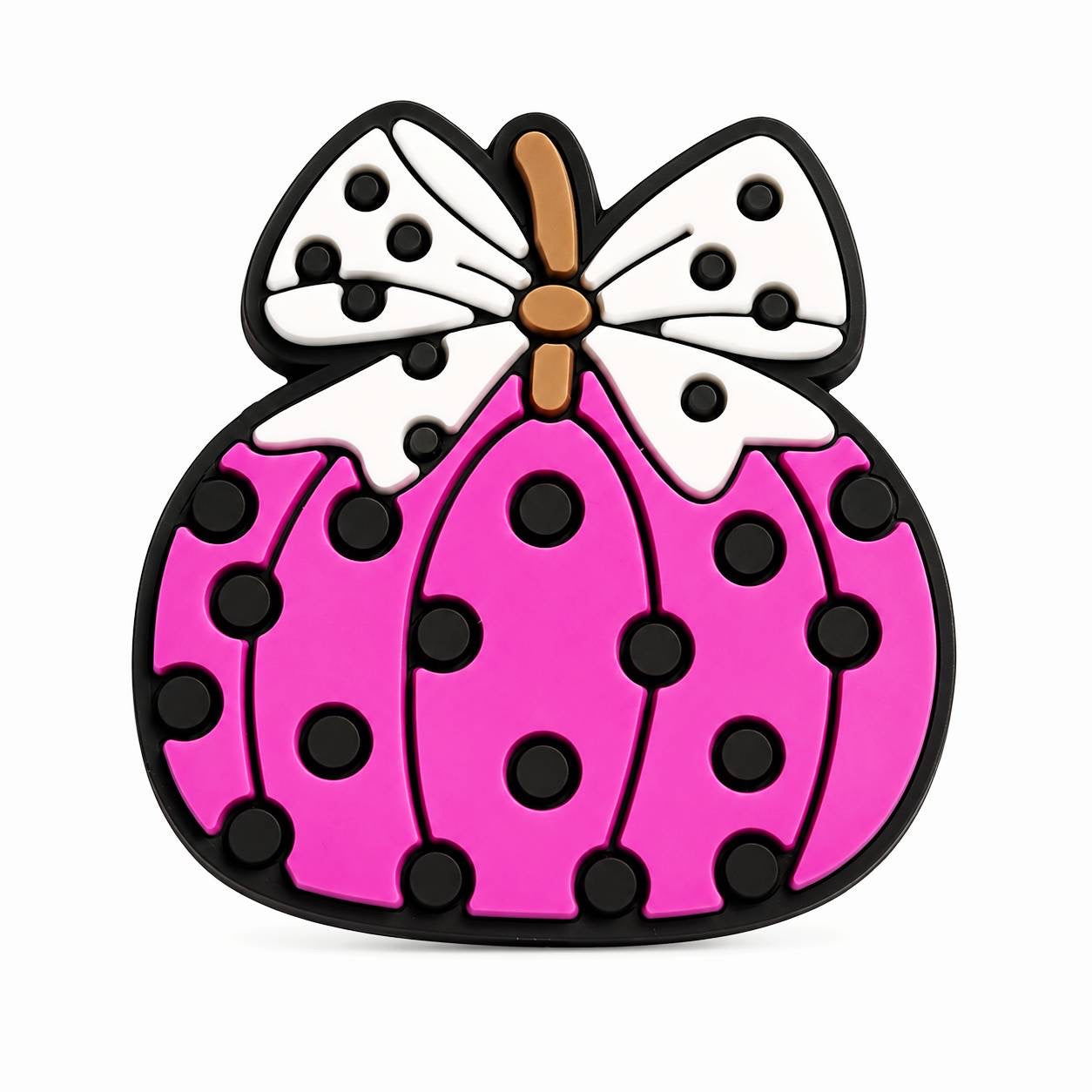 Pink polka dot pumpkin focal bead with a white bow, perfect for Halloween and fall crafts.