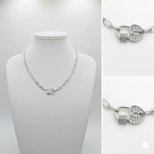 Silver Heart Lock Paperclip Chain Necklace