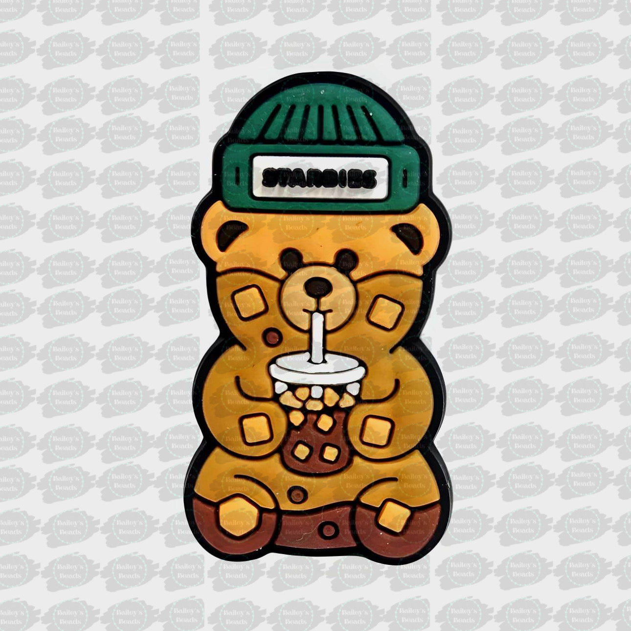 Cartoon bear character with a green beanie and bubble tea, on a light gray background.