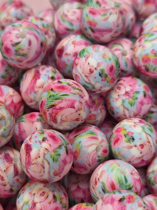 Sweet Peony 15mm Printed Silicone Beads