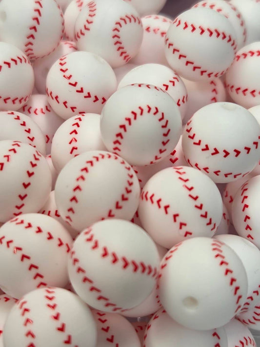 Baseball 15mm Printed Silicone Beads