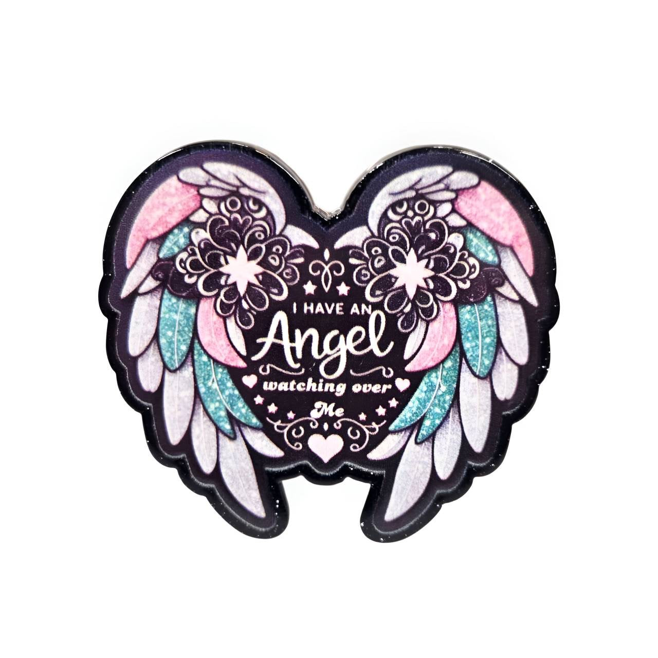 I Have an Angel Watching Over Me acrylic flatback featuring decorative angel wings and an inspirational memorial message, designed by Bailey's Beads for badge reels, keychains, magnets, memorial keepsakes, and DIY crafts.