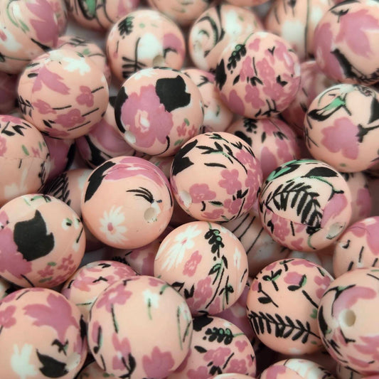 Rosy Meadow 15mm Printed Silicone Beads
