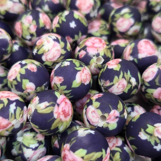 Midnight Rose Garden 15mm Printed Silicone Beads