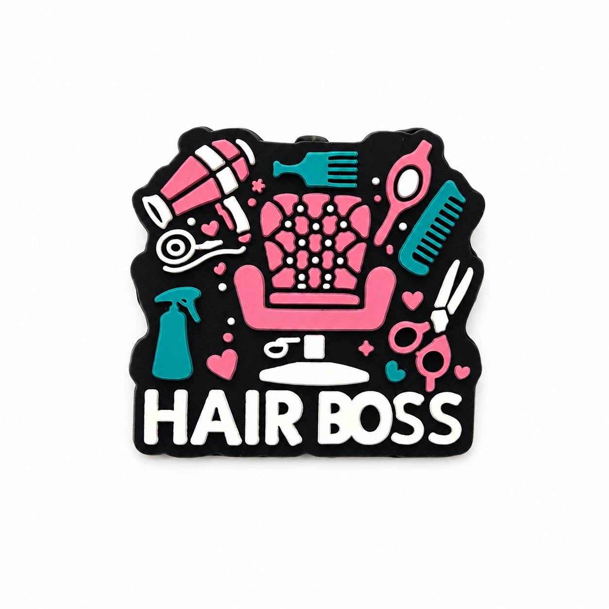 Hair Boss silicone focal bead featuring salon chair, blow dryer, scissors, comb, mirror and hairstyling accessories.