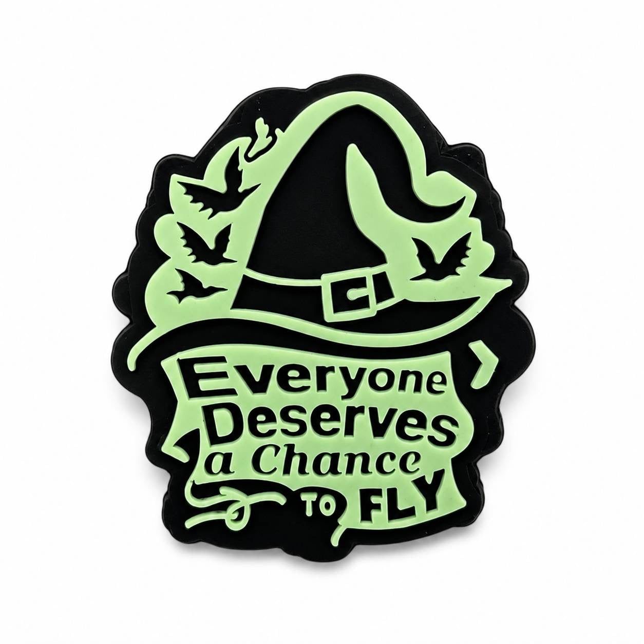 Everyone Deserves a Chance to Fly silicone focal bead featuring a witch hat and inspirational quote design.