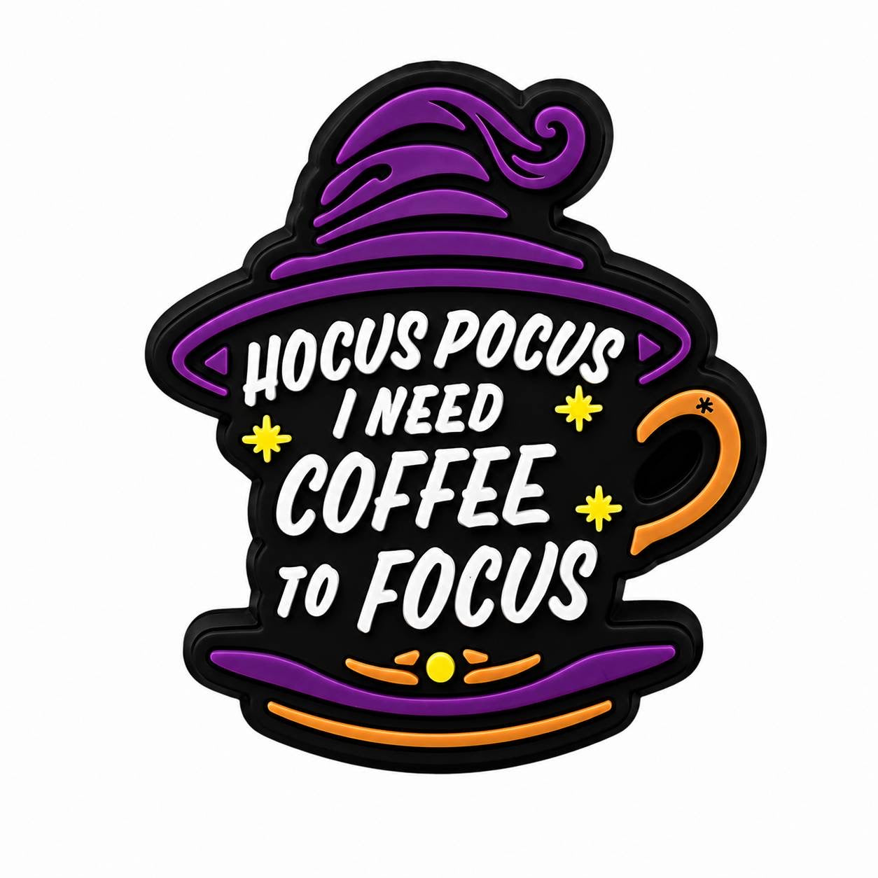 Hocus Pocus I Need Coffee to Focus silicone focal bead featuring a witch hat coffee cup with purple, orange and black accents.