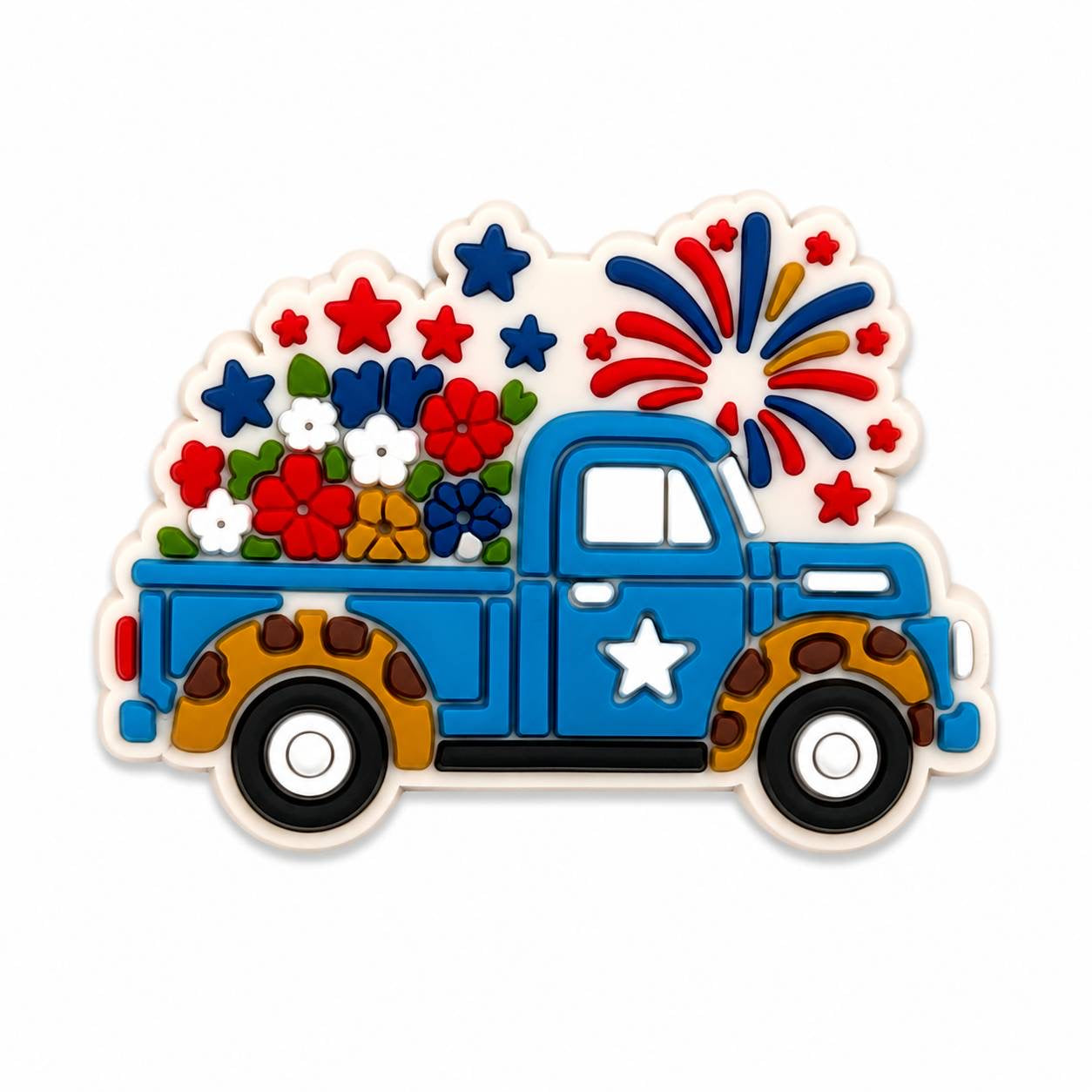 Patriotic Flower Truck Silicone Focal Bead Blue Pickup with Fireworks and Red White Blue Flowers