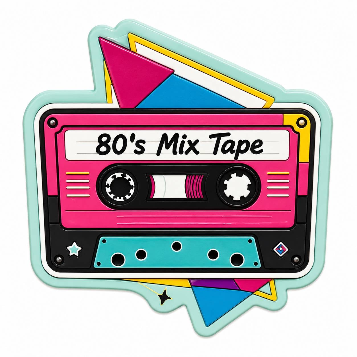 80s Mix Tape Acrylic Flatback with Retro Cassette Tape and Neon Geometric Design